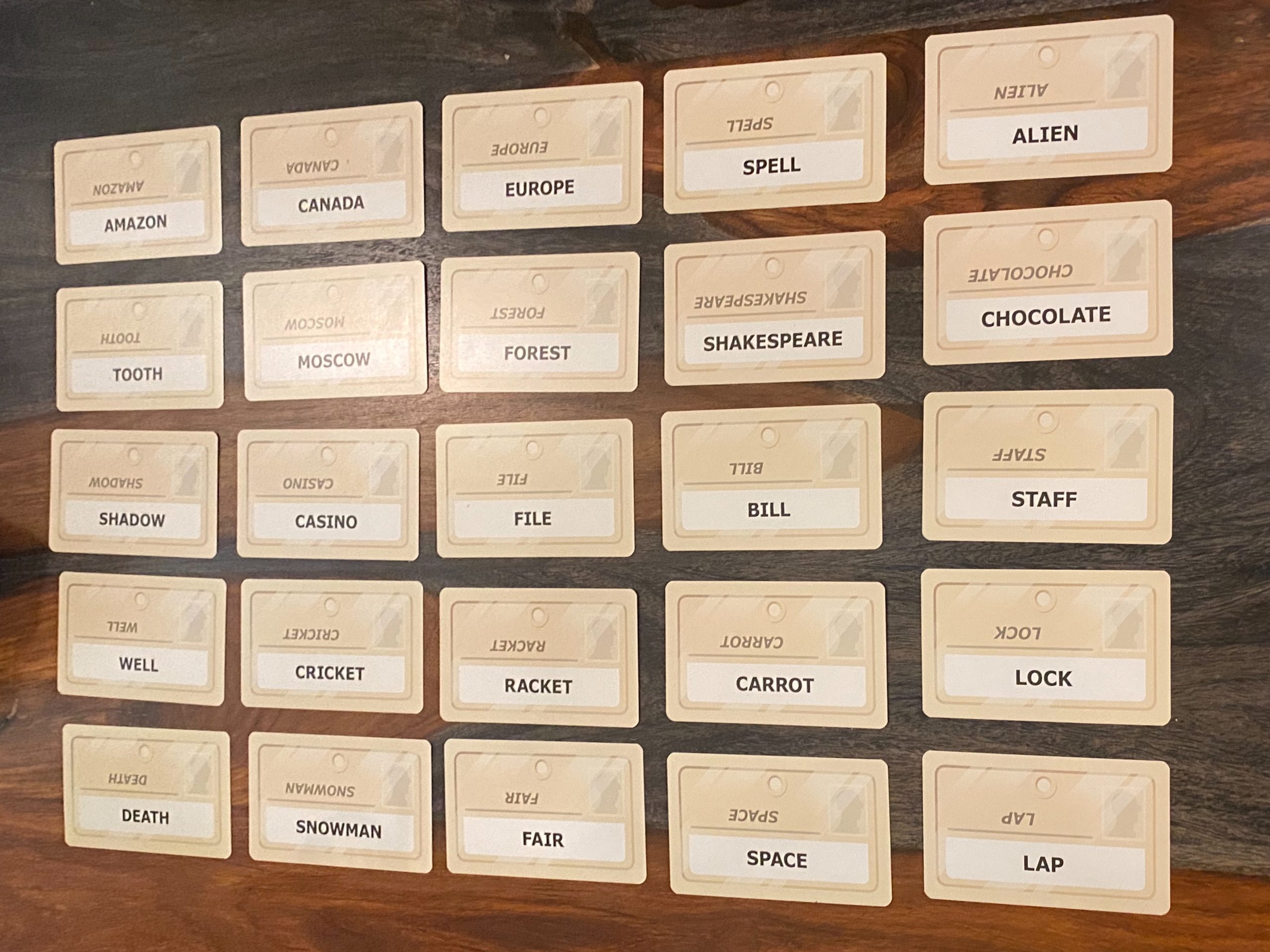 A series of cards with words on them appears on a table